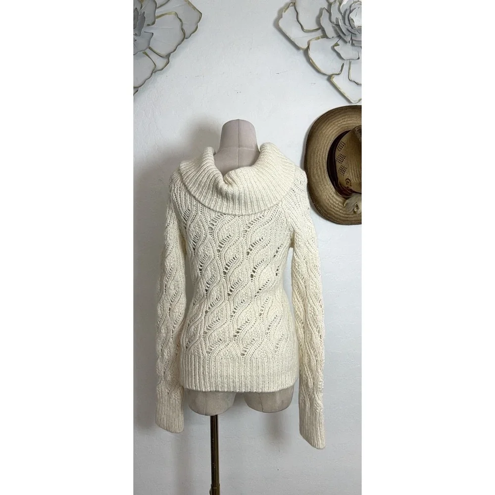 Y2K Bebe Alpaca Wool Metallic Shimmer Cowl Neck Sweater L Chunky Cable Knit US